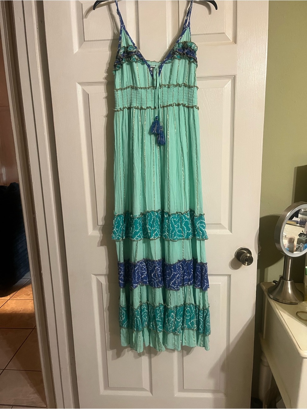 Boho Spaghetti-Strap Maxi Dress in Mint with Blue Accents
